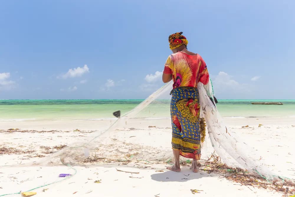 A local Zanzibari woman in a colourful kanga gathering a fishing net on a sunlit tidal beach.